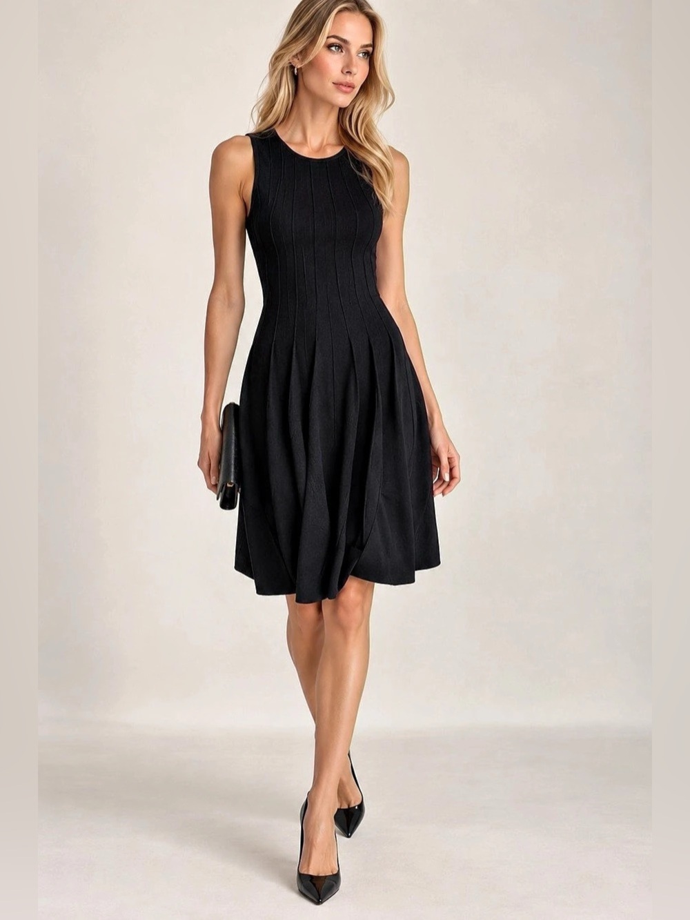 Que Black Ribbed Knit Sleeveless Fit & Flare Designer Dress Size S